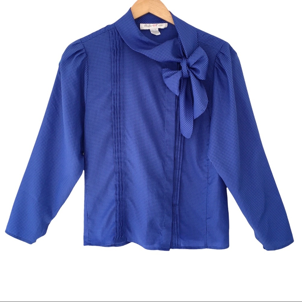 Vintage 80's Bow Blouse Blue Polka Dot Walker & Lane Sz Vtg 14